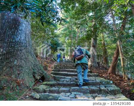 和歌山県の観光名所熊野古道の古い登山道の石畳道で歩く人々の外国人観光客の姿 和歌山県の観光名所熊野古道の古い登山道の石畳道で歩く人々の外国人観光客の姿 135429180