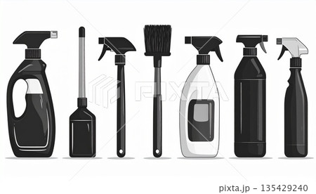 毎日の掃除をシンプルに楽しむためのクリーンな掃除道具一式、清潔な暮らしと衛生管理を象徴するイラスト 毎日の掃除をシンプルに楽しむためのクリーンな掃除道具一式、清潔な暮らしと衛生管理を象徴するイラスト 135429240
