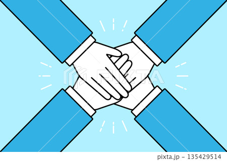 ビジネスマンが手を重ねて協力し合う状況をイメージしたイラスト 135429514