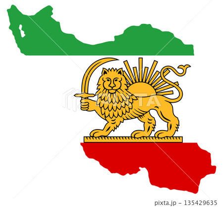 Iranian Lion and Sun flag of Iran, simplified shape of the map, smooth rounded, isolated 135429635