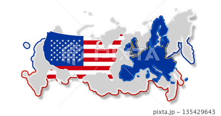 abstract flag colors of USA and Europe and Russia, simplified symbol shape of the map 135429643