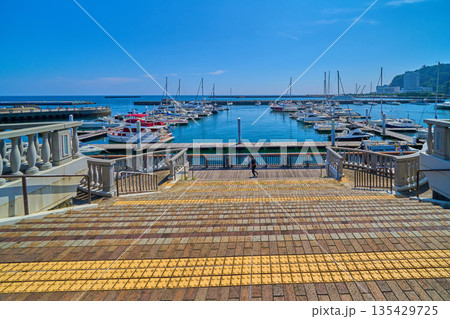 静岡県熱海市熱海港のスカイデッキのヨットハーバーから東側を見る 135429725