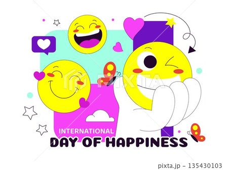 World Happiness Day Celebration Vector Illustration On March 20 Featuring Smiling Face Expression With Yellow Background In Flat Cartoon Design 135430103
