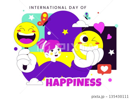 World Happiness Day Celebration Vector Illustration On March 20 Featuring Smiling Face Expression With Yellow Background In Flat Cartoon Design 135430111