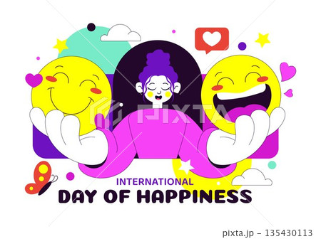World Happiness Day Celebration Vector Illustration On March 20 Featuring Smiling Face Expression With Yellow Background In Flat Cartoon Design World Happiness Day Celebration Vector Illustration On March 20 Featuring Smiling Face Expression With Yellow Background In Flat Cartoon Design 135430113