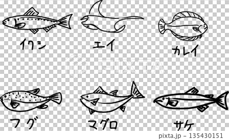 可愛的沙丁魚、鰩魚、比目魚、河豚、鮪魚、鮭魚塗鴉,手繪線條魚插圖 可愛的沙丁魚、鰩魚、比目魚、河豚、鮪魚、鮭魚塗鴉,手繪線條魚插圖 135430151
