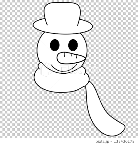Cartoon of a snowman wearing a magic hat and scarf, black and white line art illustration. Cartoon of a snowman wearing a magic hat and scarf, black and white line art illustration. 135430178