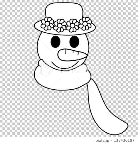 Cartoon of a snowman wearing a hat and scarf, black and white line art illustration. Cartoon of a snowman wearing a hat and scarf, black and white line art illustration. 135430187