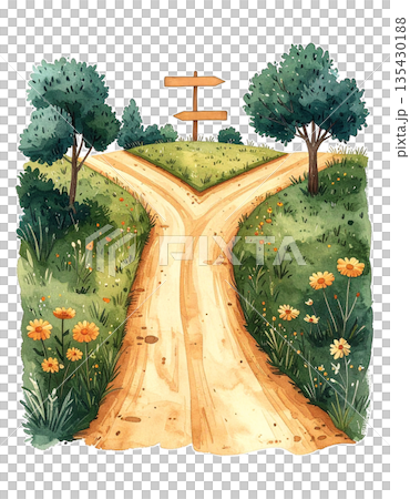 水彩插畫2，描繪了雷諾曼卡牌中的“道路”，象徵著人生的岔路口和選擇 / 可用於傳單和海報設計 135430188