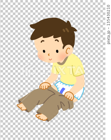 オムツを替えるためにズボンを脱ぐ男の子 135430210