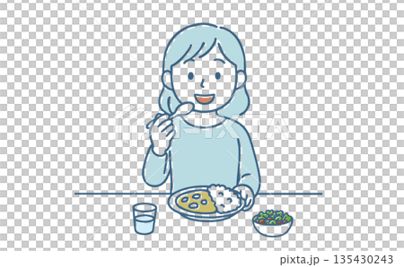一位微笑的女士正在吃咖哩飯（餐點、午餐、生活方式）的插圖 135430243