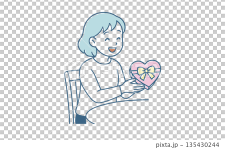ハートのプレゼントボックスを嬉しそうに持つ女性のイラスト（バレンタイン・誕生日） 135430244