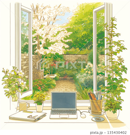 春の庭を眺めながら作業する部屋のデスク風景|パソコン、メモ帳、植物、花壇、日差し、快適な在宅ワーク 春の庭を眺めながら作業する部屋のデスク風景|パソコン、メモ帳、植物、花壇、日差し、快適な在宅ワーク 135430402