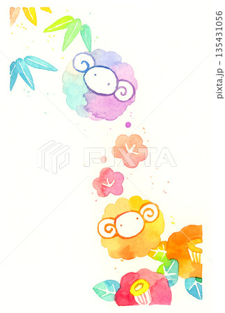 2027年・令和9年　和風のかわいい未年年賀状素材（手描き水彩イラスト） 135431056
