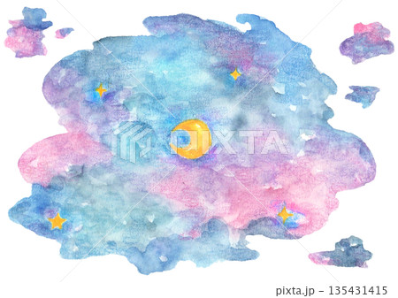 水彩の夜空　月と星 135431415
