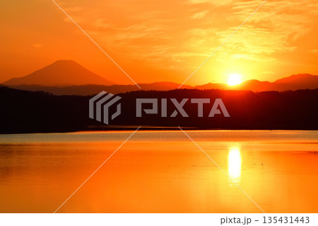 夕焼けに染まる富士山 狭山湖 湖畔からの眺め 夕焼けに染まる富士山 狭山湖 湖畔からの眺め 135431443