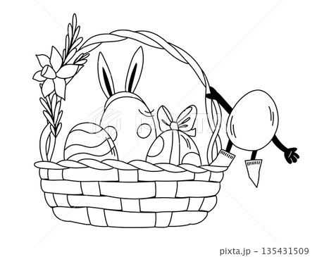 Festive Easter basket with colorful eggs daffodils and ribbons Egg in Boots character Festive Easter basket with colorful eggs daffodils and ribbons Egg in Boots character 135431509
