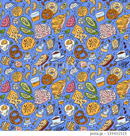 Seamless rich pattern with elements of German breakfast, sandwich, sausages, cheese, jams in doodle style on blue and purple 135431515