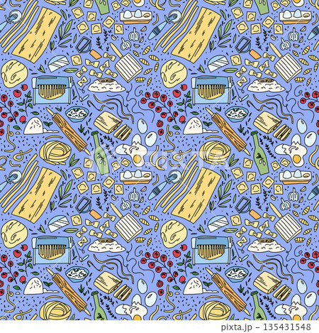 Decorative seamless pattern illustrating the process of homemade pasta making. Hand drawn elements of Italian cuisine fresh dough, eggs, flour, spaghetti and herbs are arranged in a repeating layout. Decorative seamless pattern illustrating the process of homemade pasta making. Hand drawn elements of Italian cuisine fresh dough, eggs, flour, spaghetti and herbs are arranged in a repeating layout. 135431548
