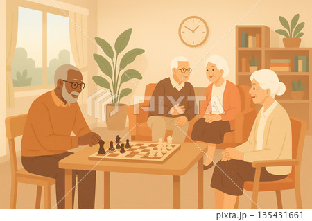 高齢者施設のリビングでチェスを楽しむ穏やかな交流のイラスト 135431661