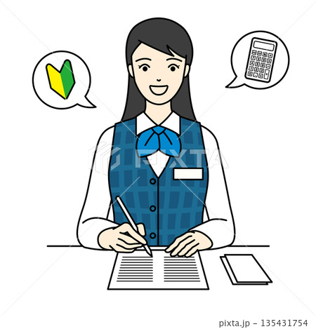初心者マークと電卓をイメージする笑顔の事務職女性 135431754