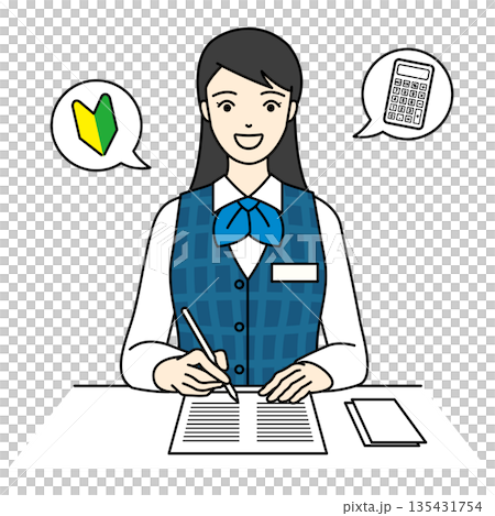 初心者マークと電卓をイメージする笑顔の事務職女性 135431754