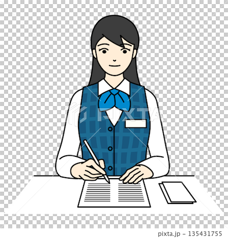 A female office worker writing documents at her desk with a pen and a smile 135431755