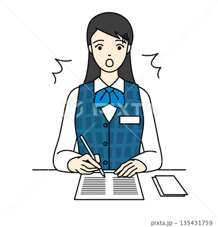 書類を書きながら何かに驚く表情の女性事務員 書類を書きながら何かに驚く表情の女性事務員 135431759