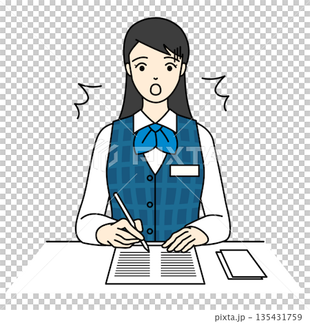一位正在寫文件的女上班族，臉上露出驚訝的表情。 135431759