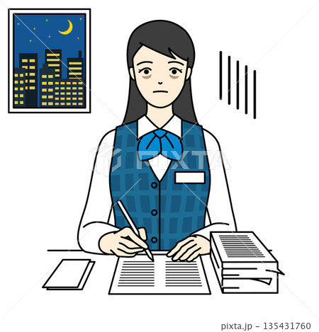 深夜のオフィスで残業に疲れ果てた事務服の女性 深夜のオフィスで残業に疲れ果てた事務服の女性 135431760