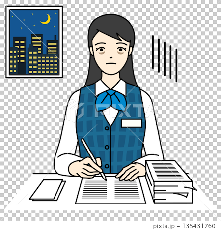 A woman in office clothes exhausted from working overtime in the office late at night 135431760