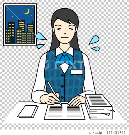 一位女士熬夜工作到深夜，冷汗涔涔。 135431761