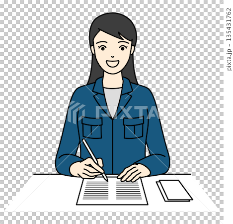 作業服を着て笑顔で書類に記入する作業員の女性 135431762