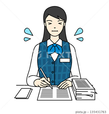 大量の書類を前に冷や汗をかきながら作業する女性 135431763