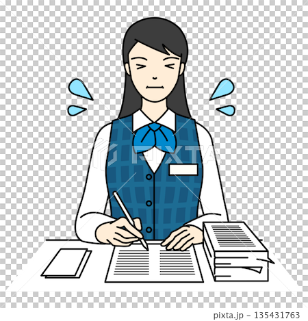 大量の書類を前に冷や汗をかきながら作業する女性 135431763
