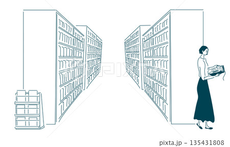 図書館の風景（大きな書架と本を読む女性） 135431808