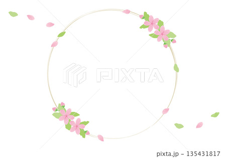 桜と葉の和風丸型フレーム 円形の装飾と白背景 135431817