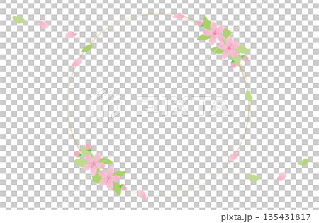 桜と葉の和風丸型フレーム 円形の装飾と白背景 135431817