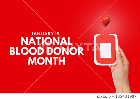 Red background with hand holding blood donation symbol 135431987