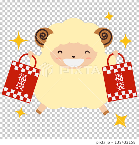 新年素材：一隻可愛的生肖羊拿著他的福袋，非常開心。 135432159