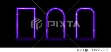 Glow neon rectangle and arch frames. Purple shining flare borders. Glowing portal doors concept. Futuristic rectangular and curved arc border. Vector illuminated elements for poster, banner, brochure Glow neon rectangle and arch frames. Purple shining flare borders. Glowing portal doors concept. Futuristic rectangular and curved arc border. Vector illuminated elements for poster, banner, brochure 135432208