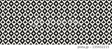 Seamless playing cards pattern. Repeating spades, hearts, diamonds, clubs symbols background. Poker or casino table theme wallpaper. Repeated lozenge gambling concept texture. Vector Seamless playing cards pattern. Repeating spades, hearts, diamonds, clubs symbols background. Poker or casino table theme wallpaper. Repeated lozenge gambling concept texture. Vector 135432215