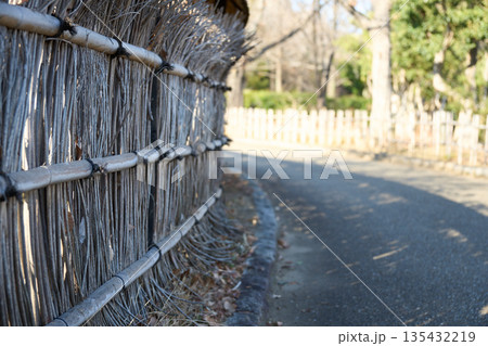 曲線を描き続く竹の生垣と散歩道 曲線を描き続く竹の生垣と散歩道 135432219