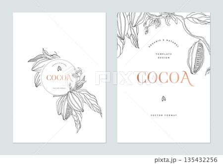 Creative poster template design, line art illustration of cocoa and leaves on white 135432256