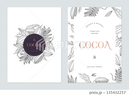 Creative poster template design, line art illustration of cocoa and various leaves on white Creative poster template design, line art illustration of cocoa and various leaves on white 135432257