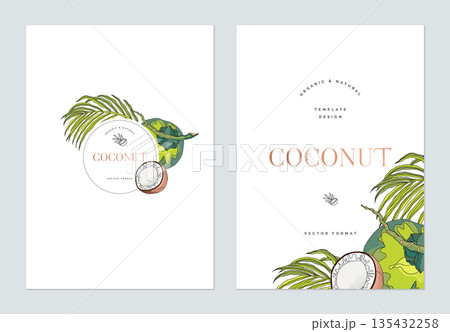 Creative poster template design, line art illustration of coconut and leaves on white Creative poster template design, line art illustration of coconut and leaves on white 135432258