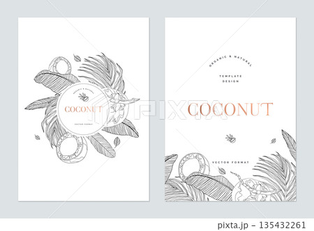 Creative poster template design, line art illustration of coconut and various leaves on white 135432261
