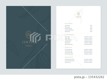 Beverage menu template design, line art illustration of cocoa beans in blue tone 135432262