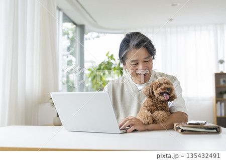 トイプードルを抱えてノートパソコンで作業をする50代の男性 135432491