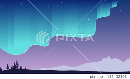 Simple landscape background, aurora dancing in the sky above ice mountain at night 135432508